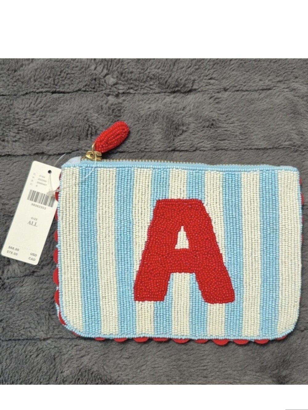 Anthropologie Beaded Monogram Stripe Initial "A" Pouch, New With Tags